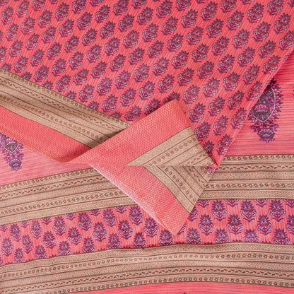 Sanskriti Vintage Sarees Pink Moss Crepe Floral Block Printed 5+YD Indian Sari