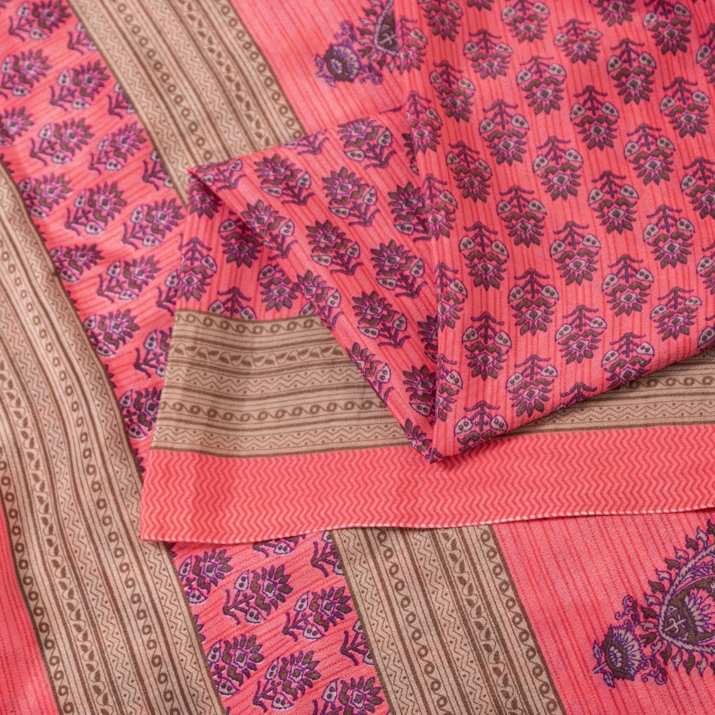Sanskriti Vintage Sarees Pink Moss Crepe Floral Block Printed 5+YD Indian Sari
