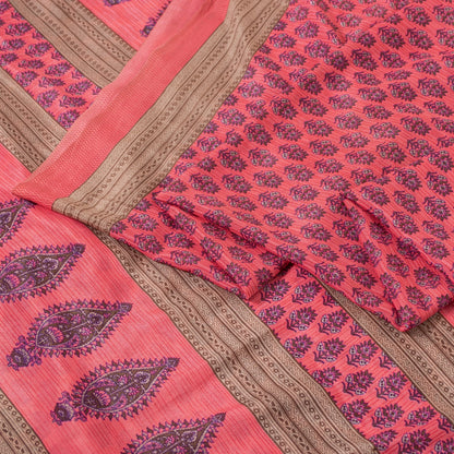 Sanskriti Vintage Sarees Pink Moss Crepe Floral Block Printed 5+YD Indian Sari
