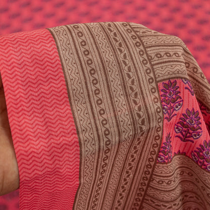 Sanskriti Vintage Sarees Pink Moss Crepe Floral Block Printed 5+YD Indian Sari