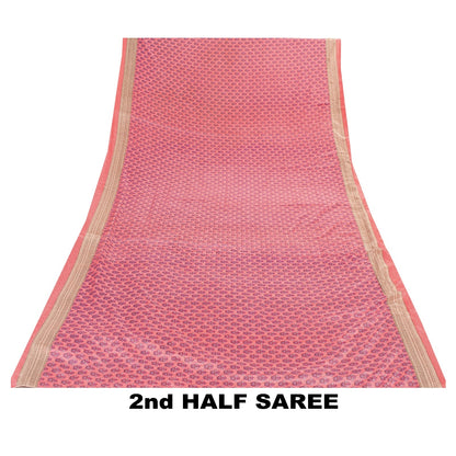Sanskriti Vintage Sarees Pink Moss Crepe Floral Block Printed 5+YD Indian Sari