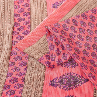 Sanskriti Vintage Sarees Pink Moss Crepe Floral Block Printed 5+YD Indian Sari