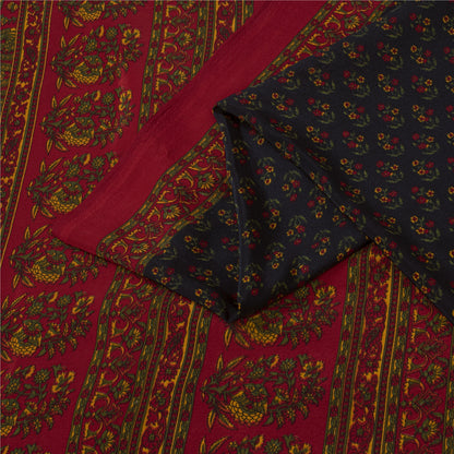Sanskriti Vintage Blue & Red Moss Crepe Sarees Floral BlockPrint 6+YD Craft Sari