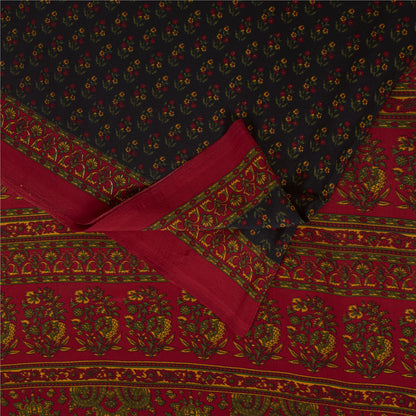 Sanskriti Vintage Blue & Red Moss Crepe Sarees Floral BlockPrint 6+YD Craft Sari