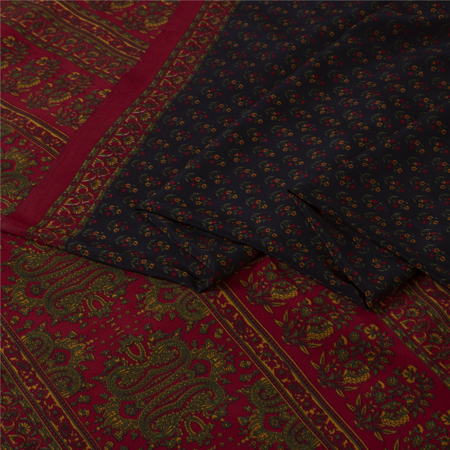 Sanskriti Vintage Blue & Red Moss Crepe Sarees Floral BlockPrint 6+YD Craft Sari