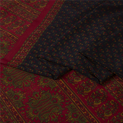 Sanskriti Vintage Blue & Red Moss Crepe Sarees Floral BlockPrint 6+YD Craft Sari