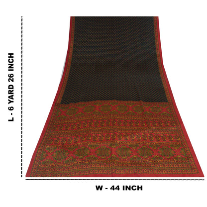 Sanskriti Vintage Blue & Red Moss Crepe Sarees Floral BlockPrint 6+YD Craft Sari