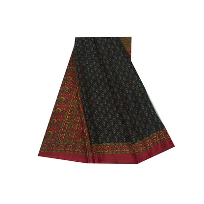 Sanskriti Vintage Blue & Red Moss Crepe Sarees Floral BlockPrint 6+YD Craft Sari