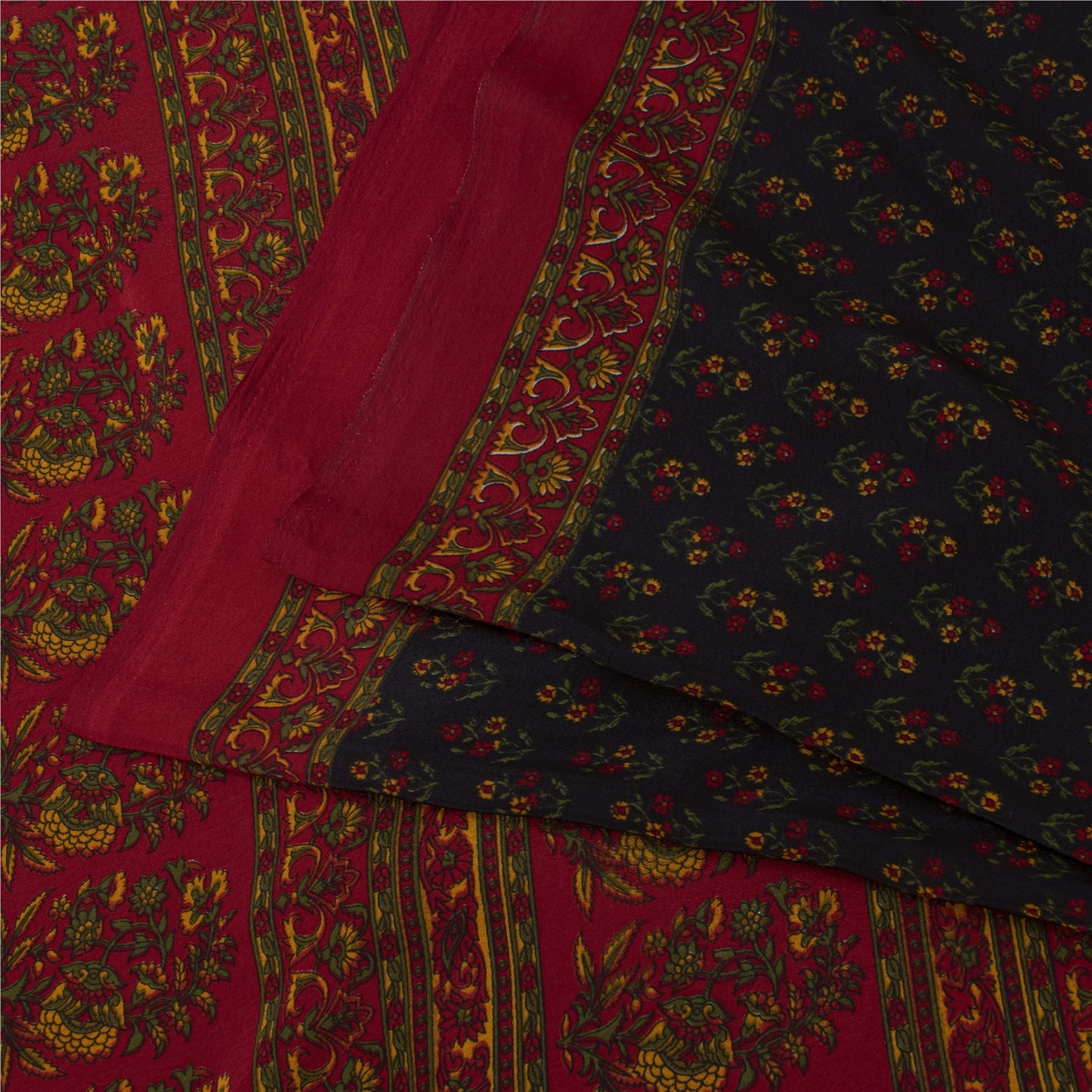Sanskriti Vintage Blue & Red Moss Crepe Sarees Floral BlockPrint 6+YD Craft Sari