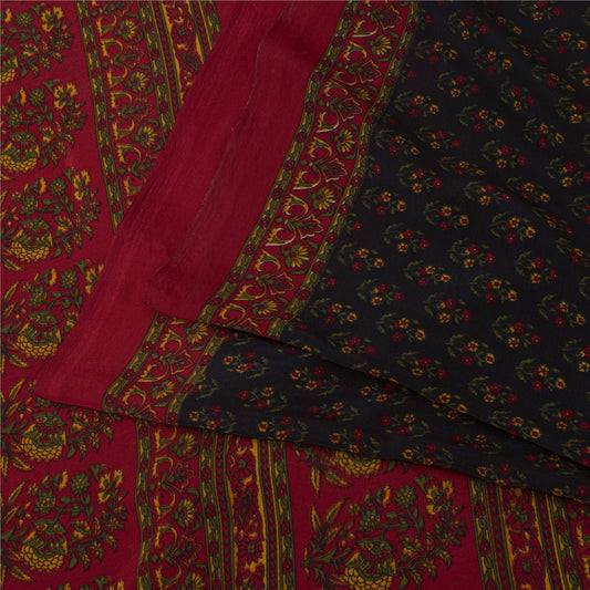 Sanskriti Vintage Blue & Red Moss Crepe Sarees Floral BlockPrint 6+YD Craft Sari