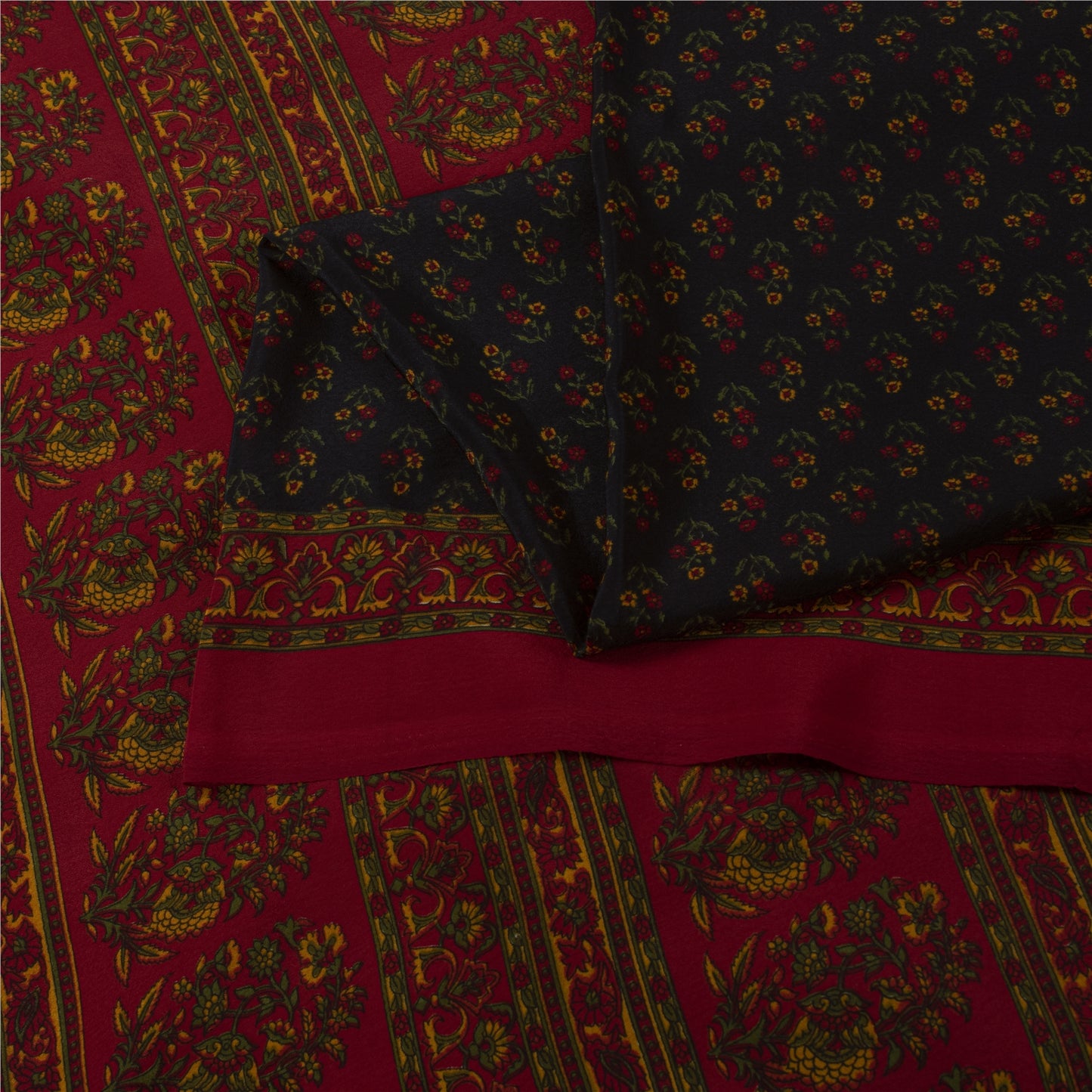 Sanskriti Vintage Blue & Red Moss Crepe Sarees Floral BlockPrint 6+YD Craft Sari