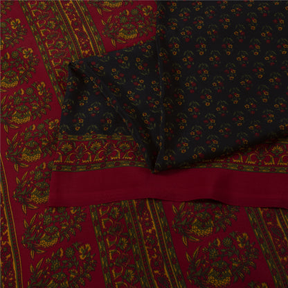 Sanskriti Vintage Blue & Red Moss Crepe Sarees Floral BlockPrint 6+YD Craft Sari