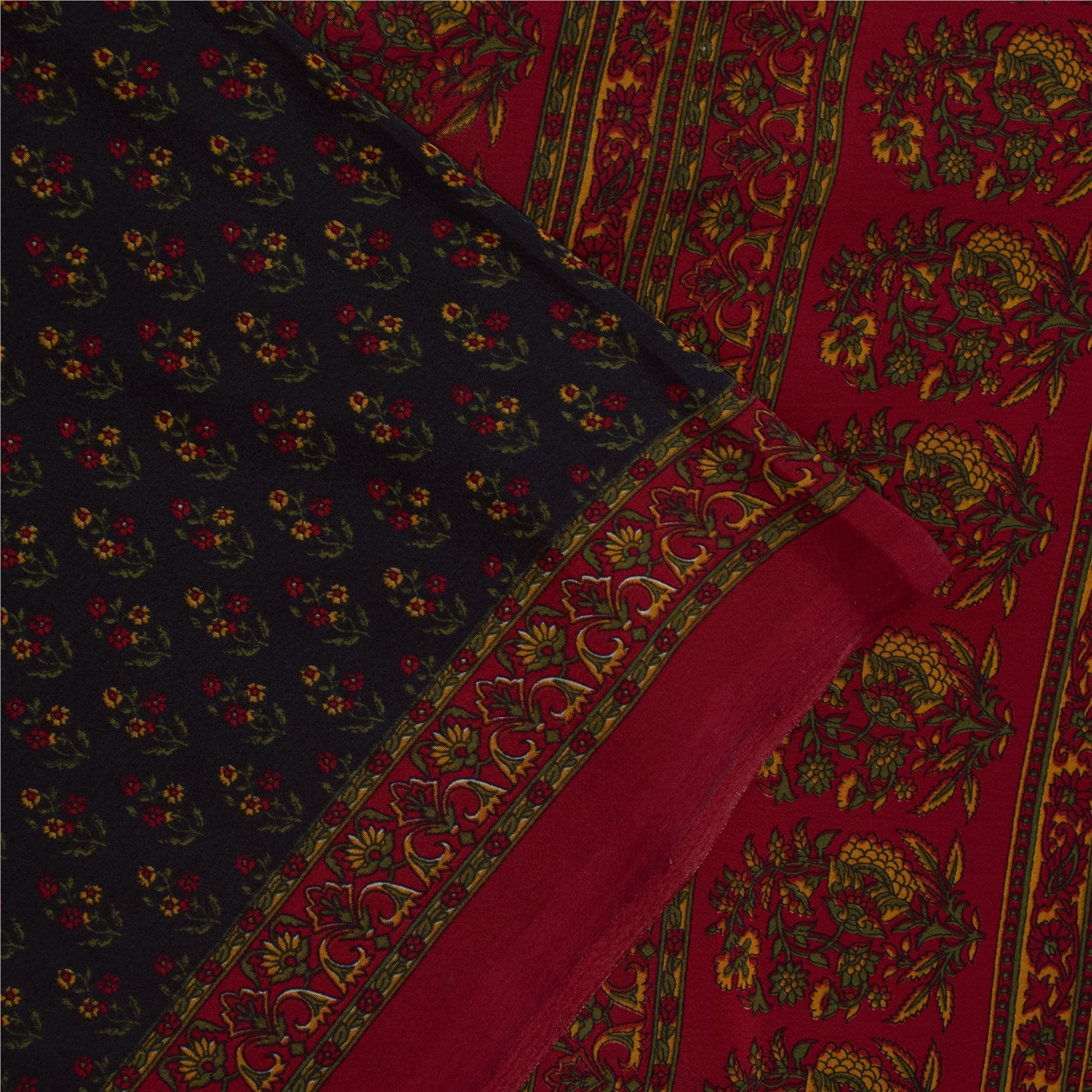Sanskriti Vintage Blue & Red Moss Crepe Sarees Floral BlockPrint 6+YD Craft Sari