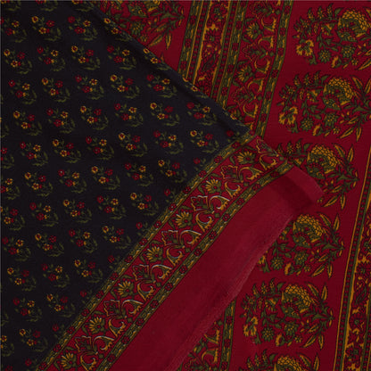 Sanskriti Vintage Blue & Red Moss Crepe Sarees Floral BlockPrint 6+YD Craft Sari