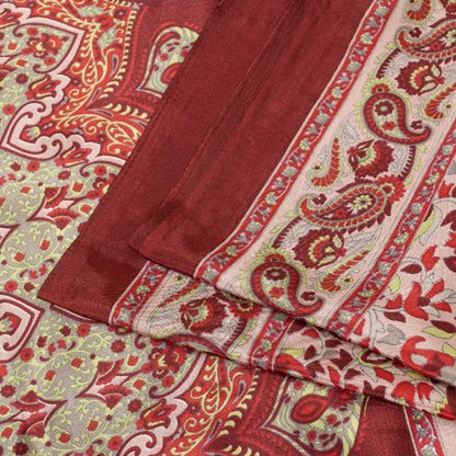 Sanskriti Vintage Sarees Red & Ivory Moss Crepe Paisley Print 5+YD Remnant Sari