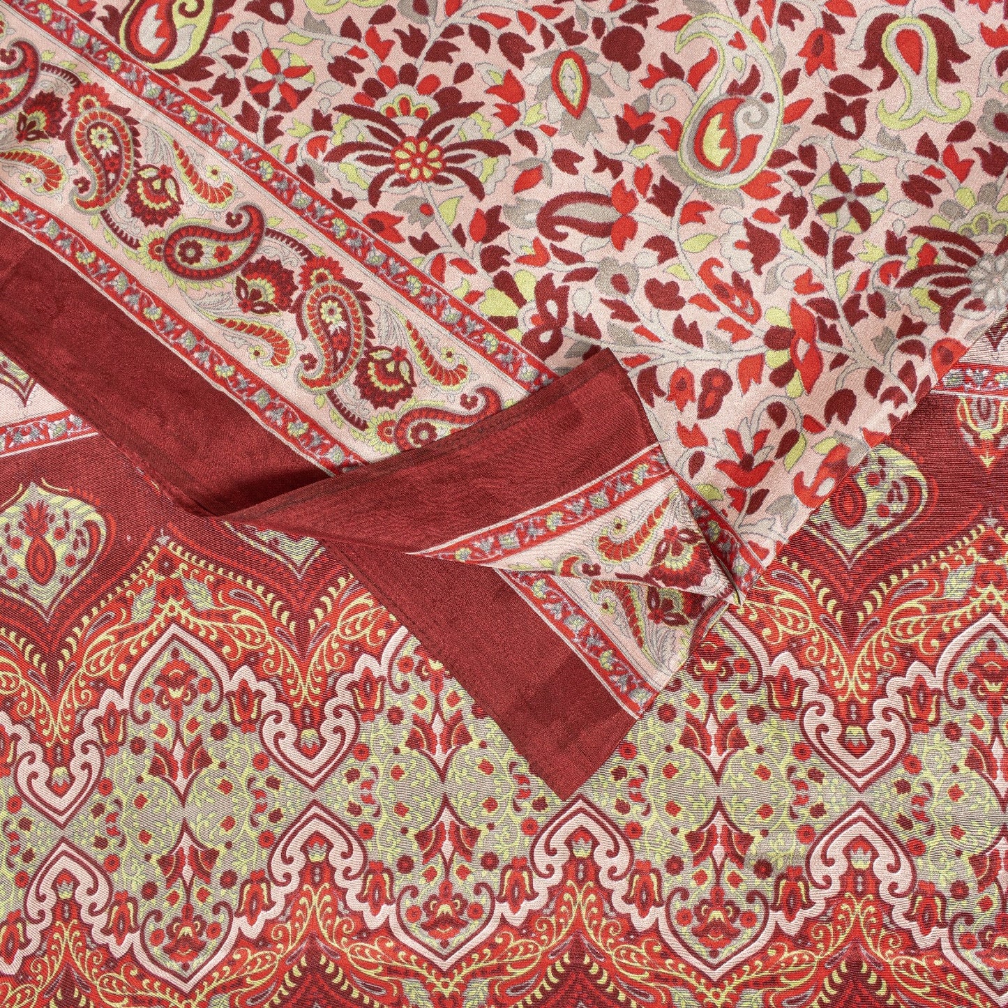 Sanskriti Vintage Sarees Red & Ivory Moss Crepe Paisley Print 5+YD Remnant Sari