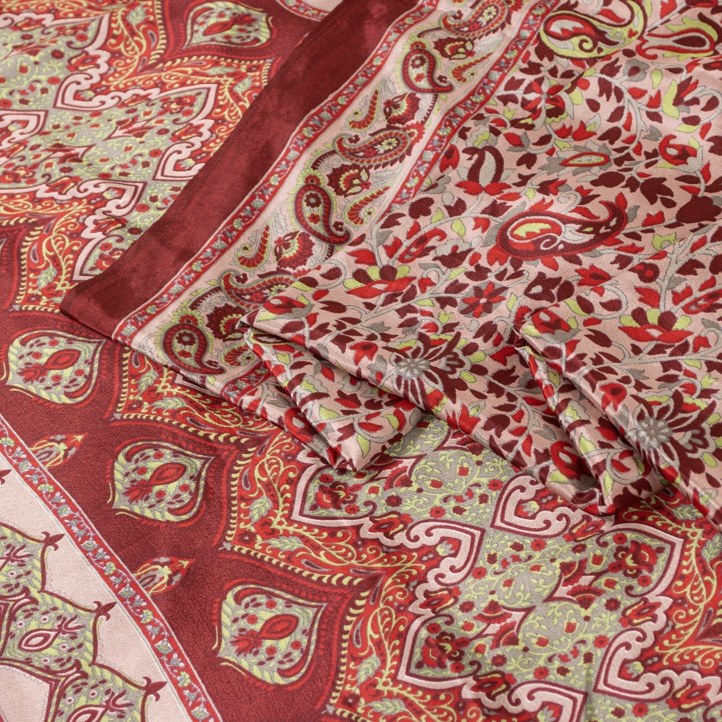Sanskriti Vintage Sarees Red & Ivory Moss Crepe Paisley Print 5+YD Remnant Sari