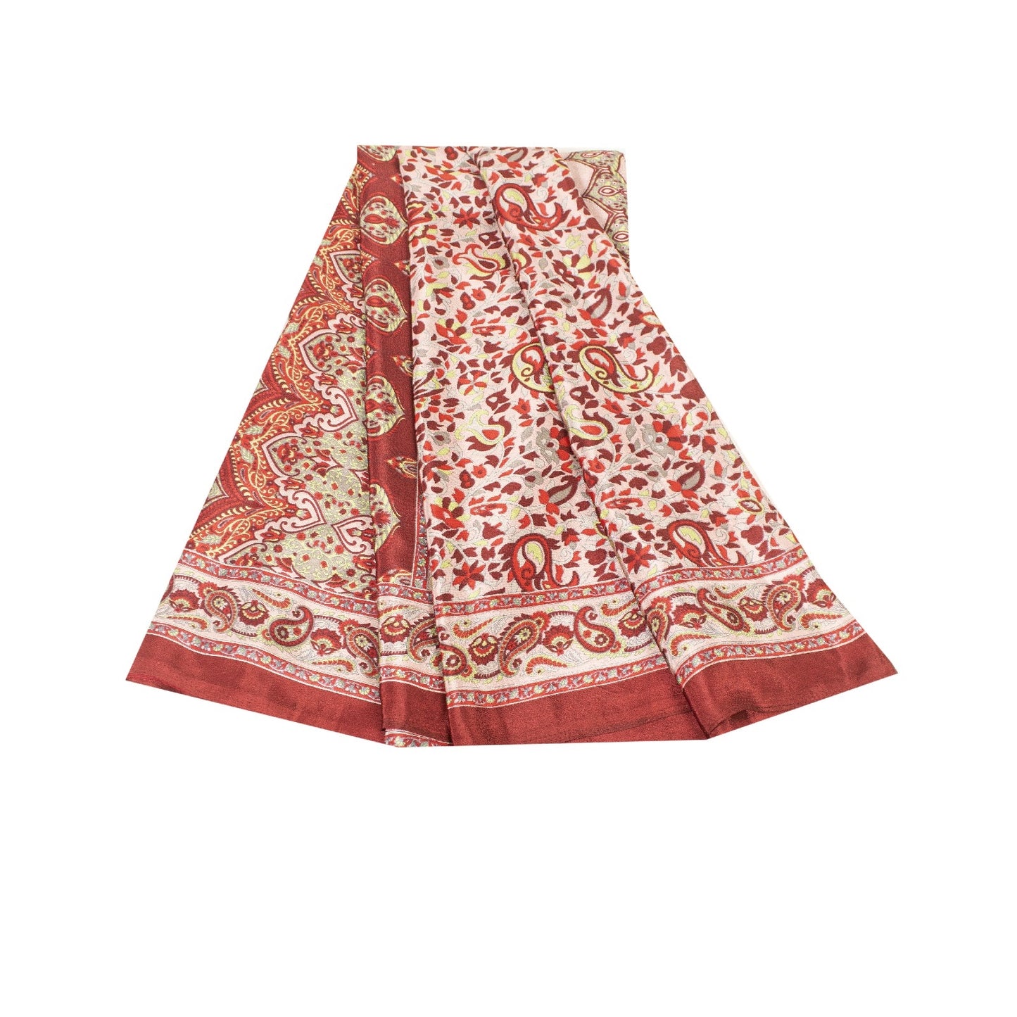 Sanskriti Vintage Sarees Red & Ivory Moss Crepe Paisley Print 5+YD Remnant Sari
