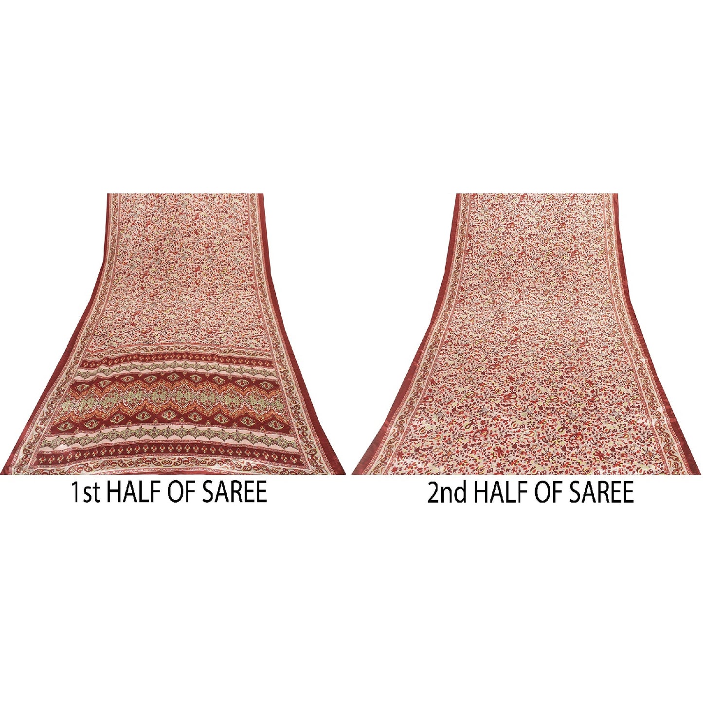 Sanskriti Vintage Sarees Red & Ivory Moss Crepe Paisley Print 5+YD Remnant Sari