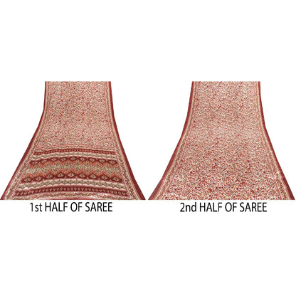 Sanskriti Vintage Sarees Red & Ivory Moss Crepe Paisley Print 5+YD Remnant Sari