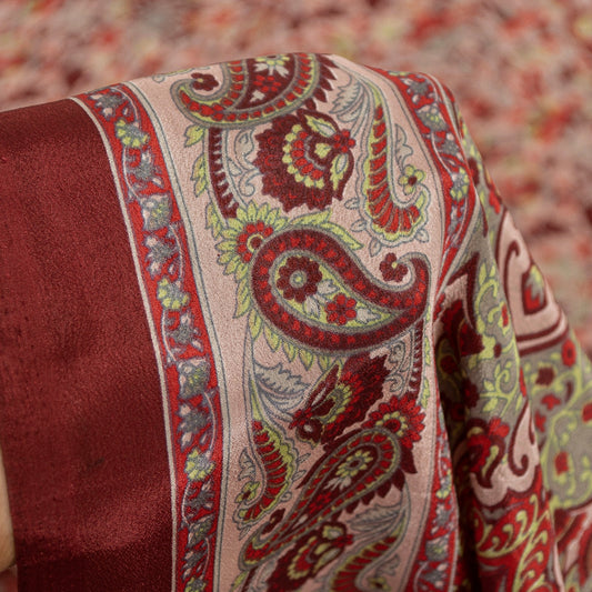 Sanskriti Vintage Sarees Red & Ivory Moss Crepe Paisley Print 5+YD Remnant Sari