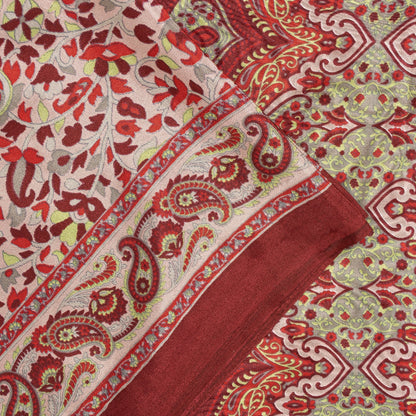 Sanskriti Vintage Sarees Red & Ivory Moss Crepe Paisley Print 5+YD Remnant Sari