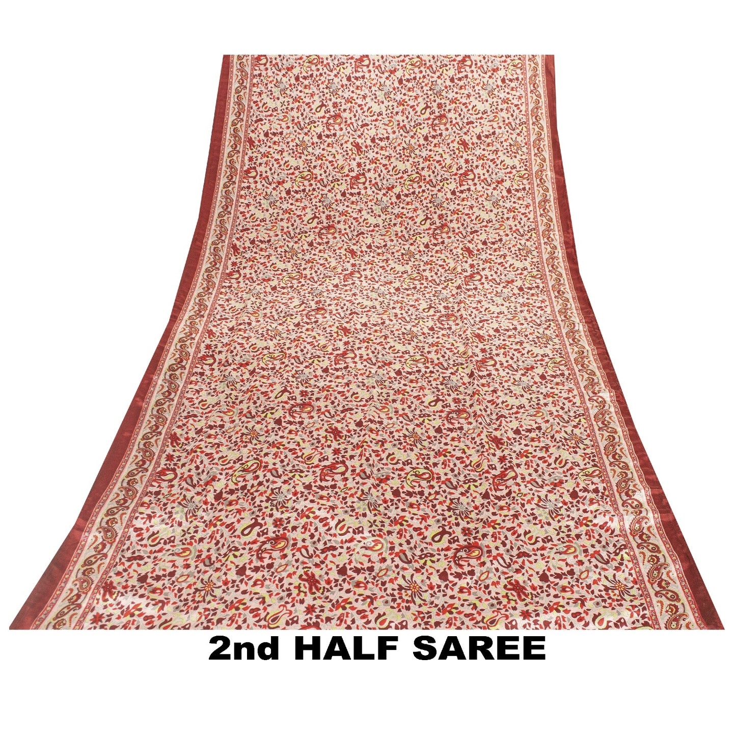Sanskriti Vintage Sarees Red & Ivory Moss Crepe Paisley Print 5+YD Remnant Sari