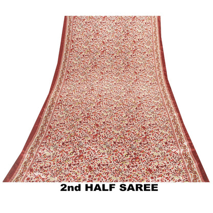Sanskriti Vintage Sarees Red & Ivory Moss Crepe Paisley Print 5+YD Remnant Sari