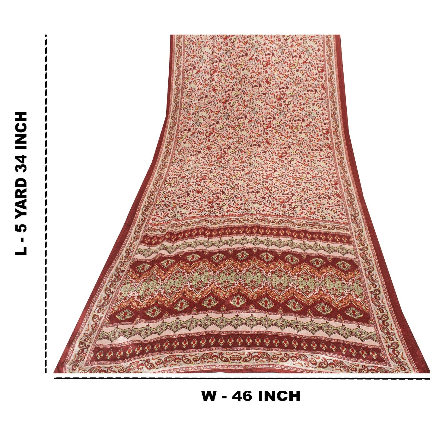 Sanskriti Vintage Sarees Red & Ivory Moss Crepe Paisley Print 5+YD Remnant Sari