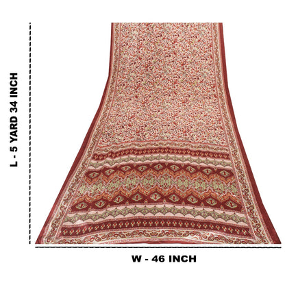 Sanskriti Vintage Sarees Red & Ivory Moss Crepe Paisley Print 5+YD Remnant Sari