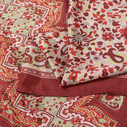 Sanskriti Vintage Sarees Red & Ivory Moss Crepe Paisley Print 5+YD Remnant Sari