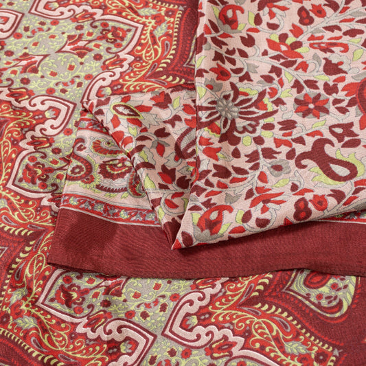 Sanskriti Vintage Sarees Red & Ivory Moss Crepe Paisley Print 5+YD Remnant Sari