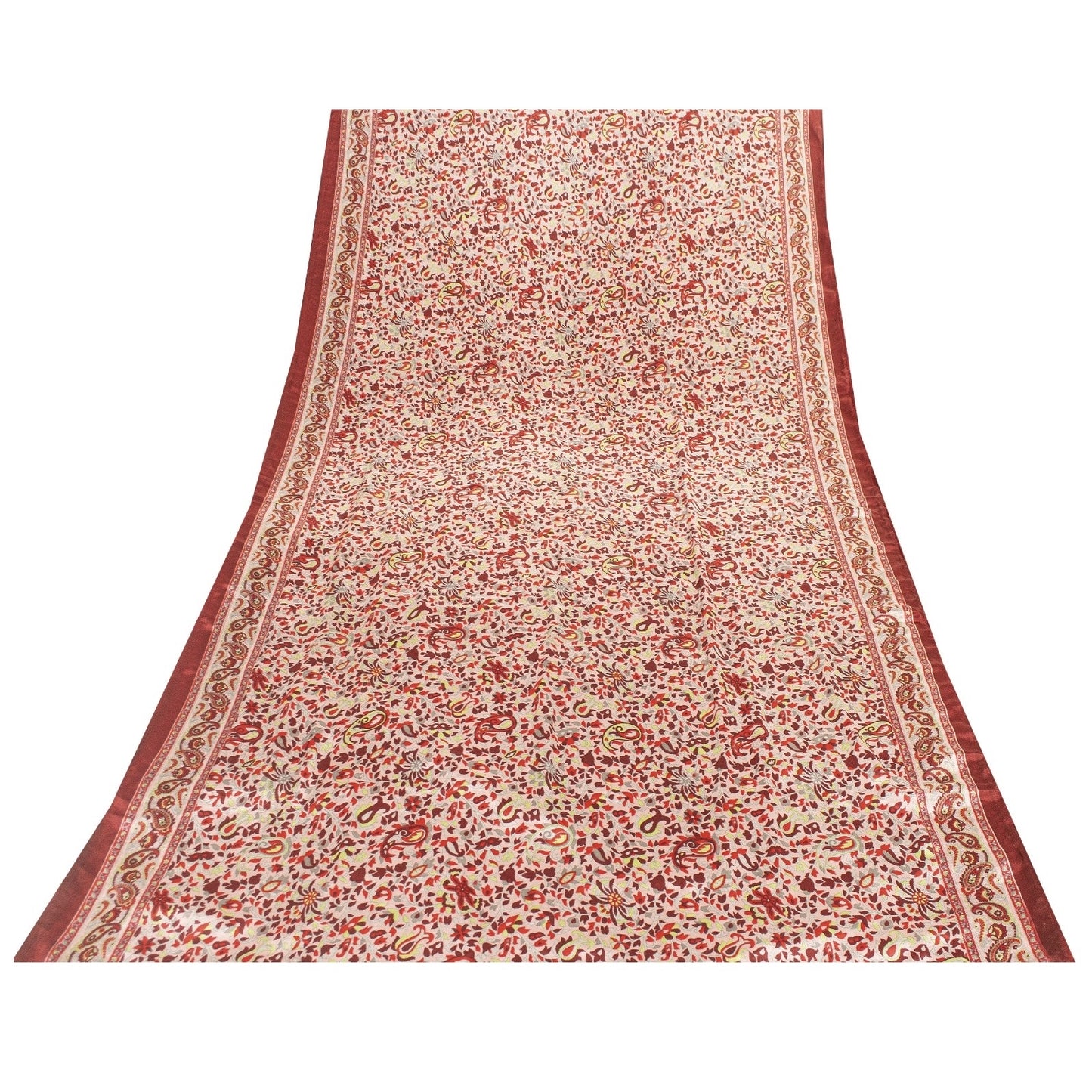 Sanskriti Vintage Sarees Red & Ivory Moss Crepe Paisley Print 5+YD Remnant Sari