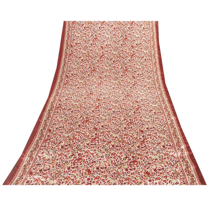 Sanskriti Vintage Sarees Red & Ivory Moss Crepe Paisley Print 5+YD Remnant Sari