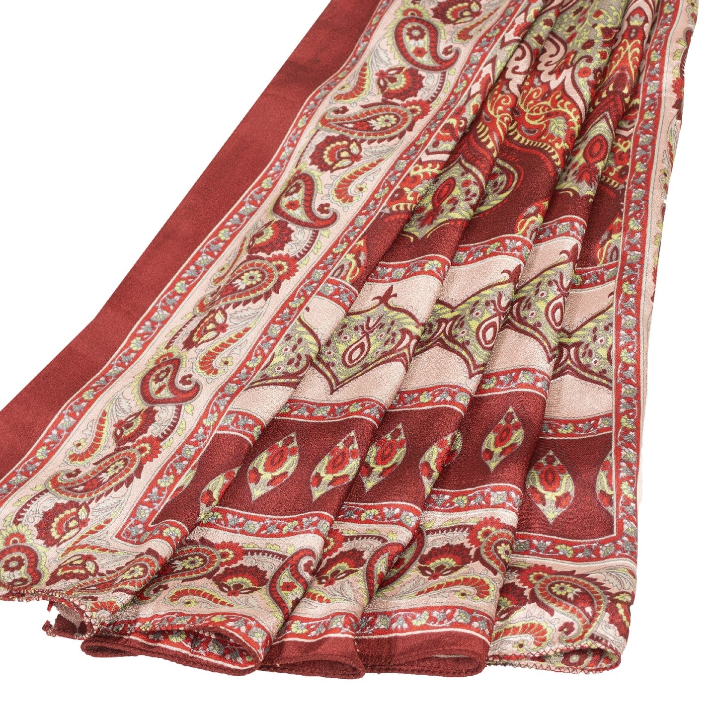 Sanskriti Vintage Sarees Red & Ivory Moss Crepe Paisley Print 5+YD Remnant Sari