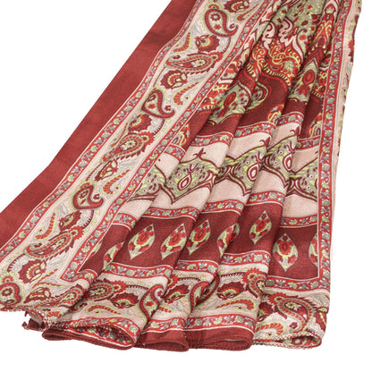 Sanskriti Vintage Sarees Red & Ivory Moss Crepe Paisley Print 5+YD Remnant Sari