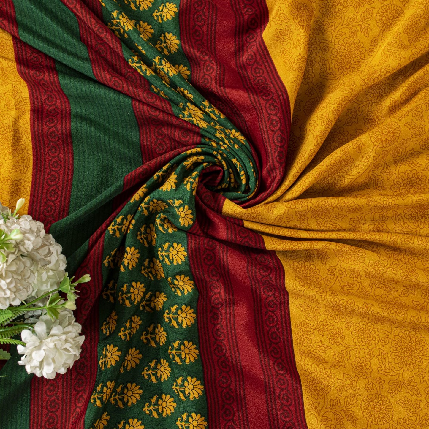 Sanskriti Vintage Saree Yellow Moss Crepe Floral Printed Sari 6+YD Craft Fabric