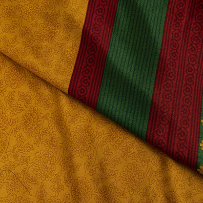 Sanskriti Vintage Saree Yellow Moss Crepe Floral Printed Sari 6+YD Craft Fabric