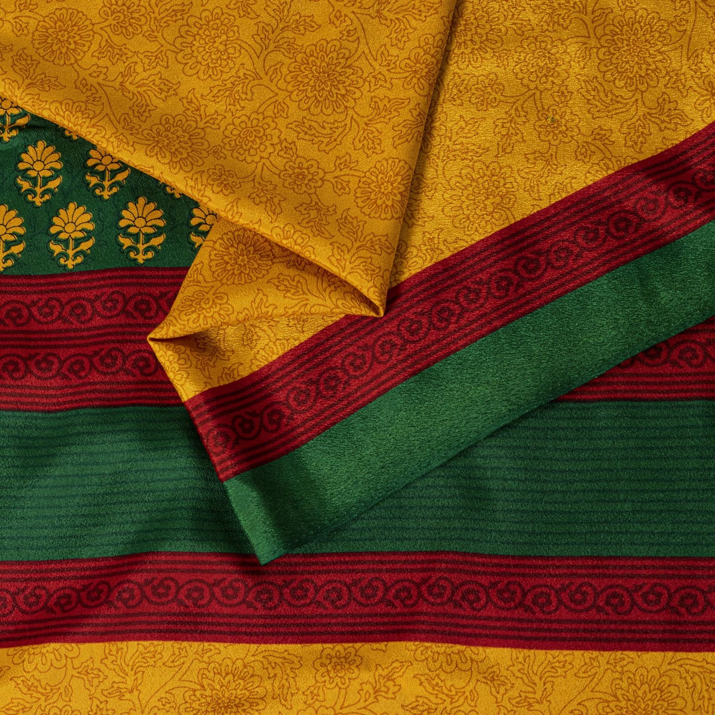 Sanskriti Vintage Saree Yellow Moss Crepe Floral Printed Sari 6+YD Craft Fabric