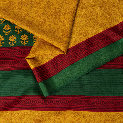 Sanskriti Vintage Saree Yellow Moss Crepe Floral Printed Sari 6+YD Craft Fabric