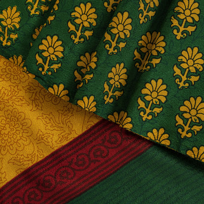 Sanskriti Vintage Saree Yellow Moss Crepe Floral Printed Sari 6+YD Craft Fabric