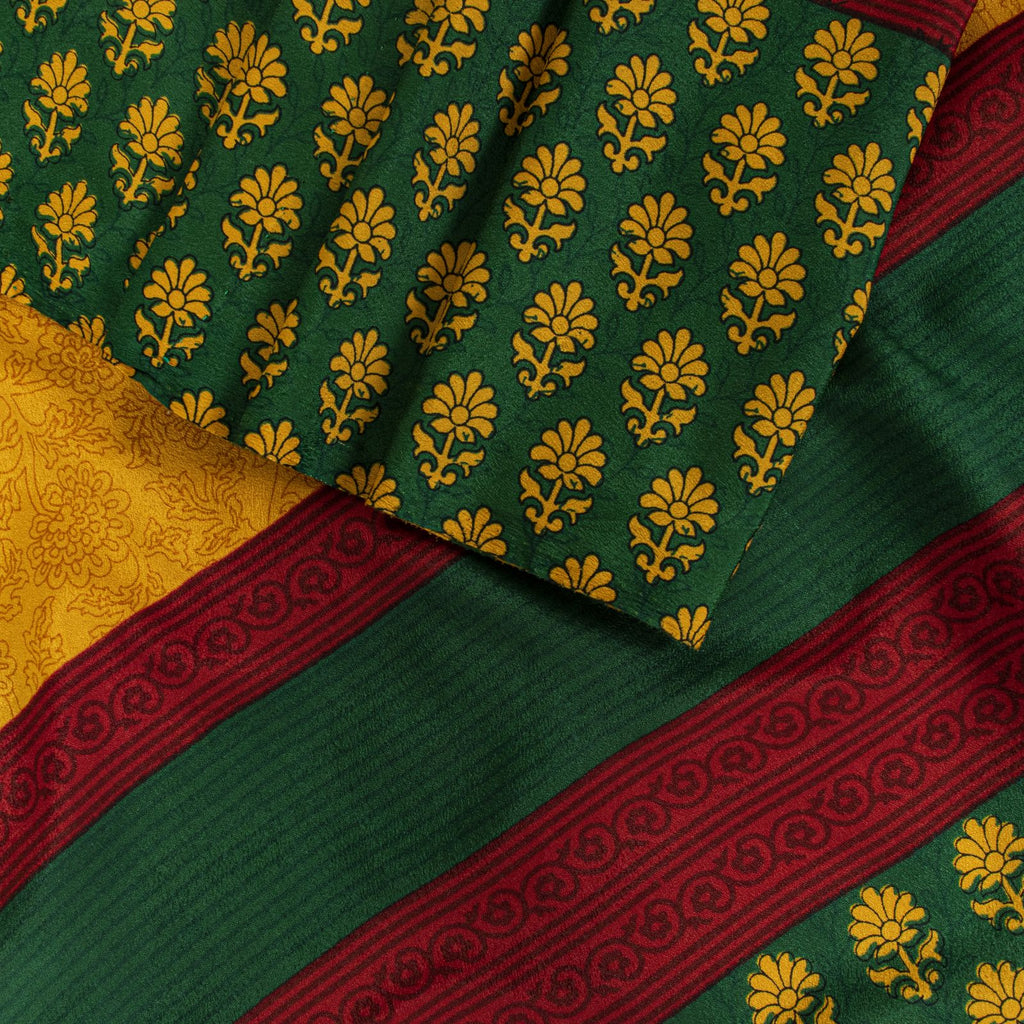 Sanskriti Vintage Saree Yellow Moss Crepe Floral Printed Sari 6+YD Craft Fabric