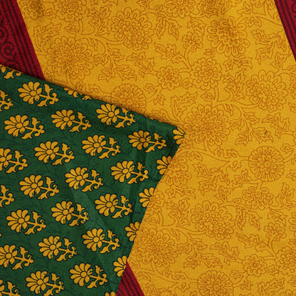 Sanskriti Vintage Saree Yellow Moss Crepe Floral Printed Sari 6+YD Craft Fabric