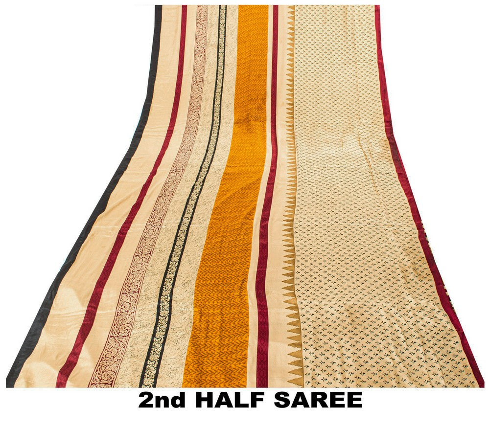 Sanskriti Vintage Sarees Craft Supplies Ivory Floral Print 5+YD Moss Crepe Sari