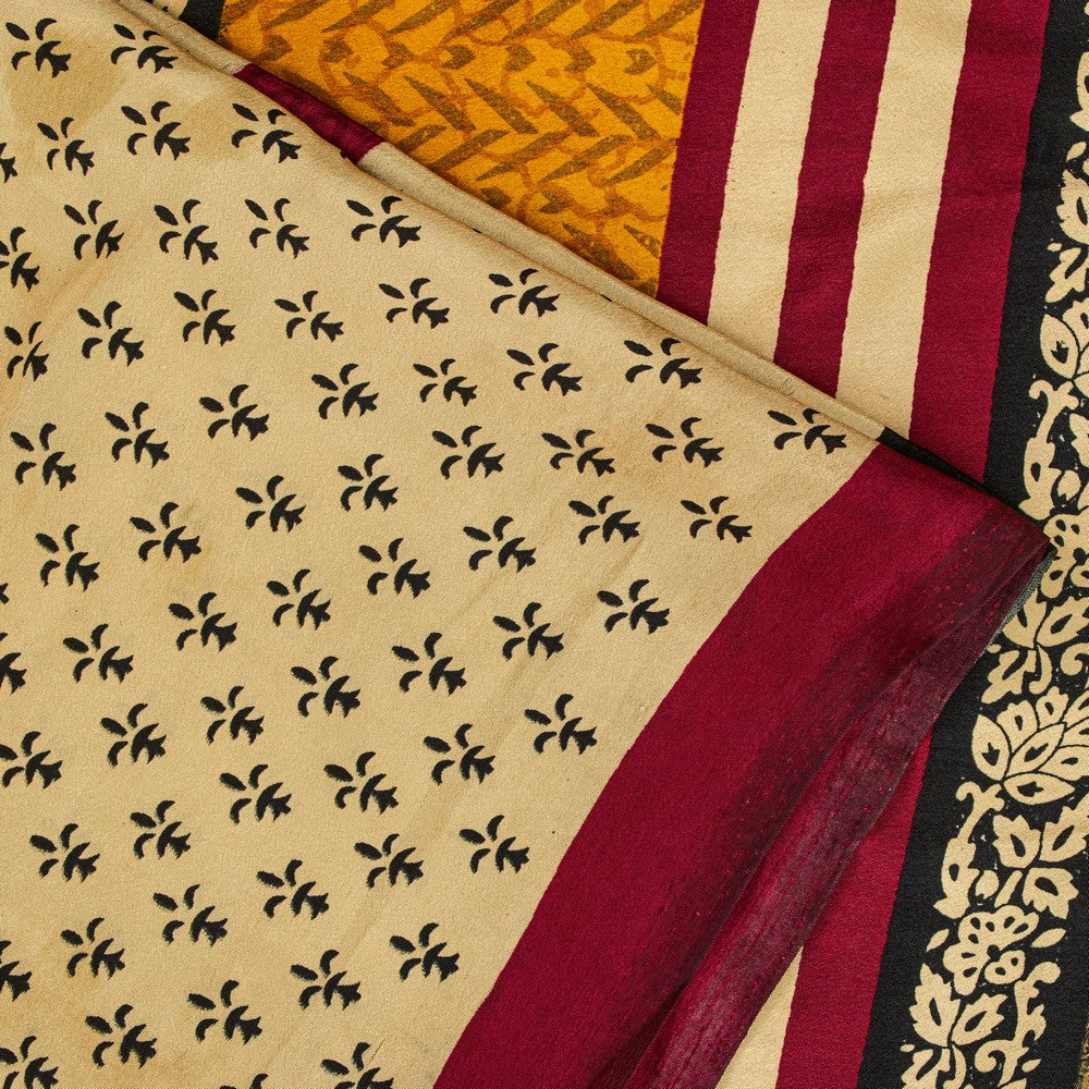 Sanskriti Vintage Sarees Craft Supplies Ivory Floral Print 5+YD Moss Crepe Sari