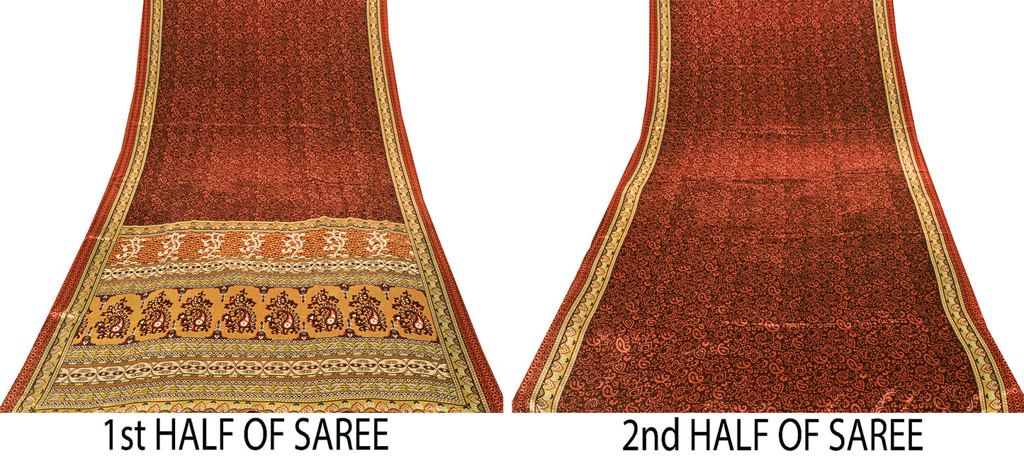 Sanskriti Vintage Sarees Red Pure Crepe Floral Print 5+YD Soft Smooth FabricSari