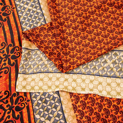 Sanskriti Vintage Sarees Craft Supplies Orange Floral Print 5+YD Moss Crepe Sari