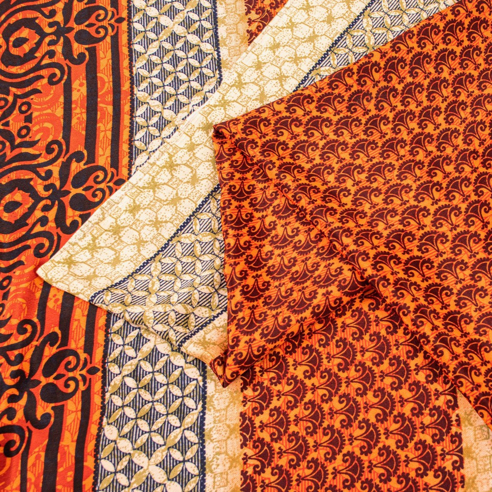 Sanskriti Vintage Sarees Craft Supplies Orange Floral Print 5+YD Moss Crepe Sari