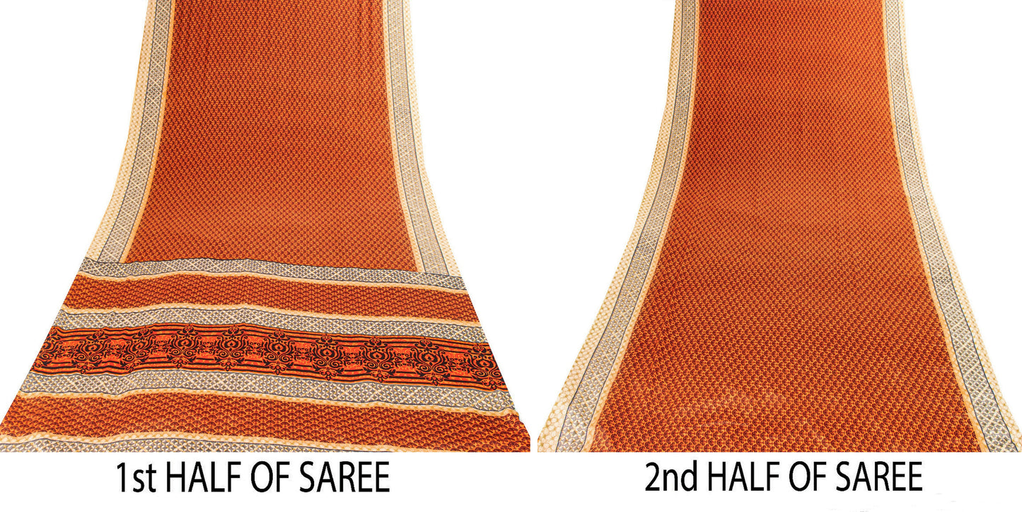 Sanskriti Vintage Sarees Craft Supplies Orange Floral Print 5+YD Moss Crepe Sari
