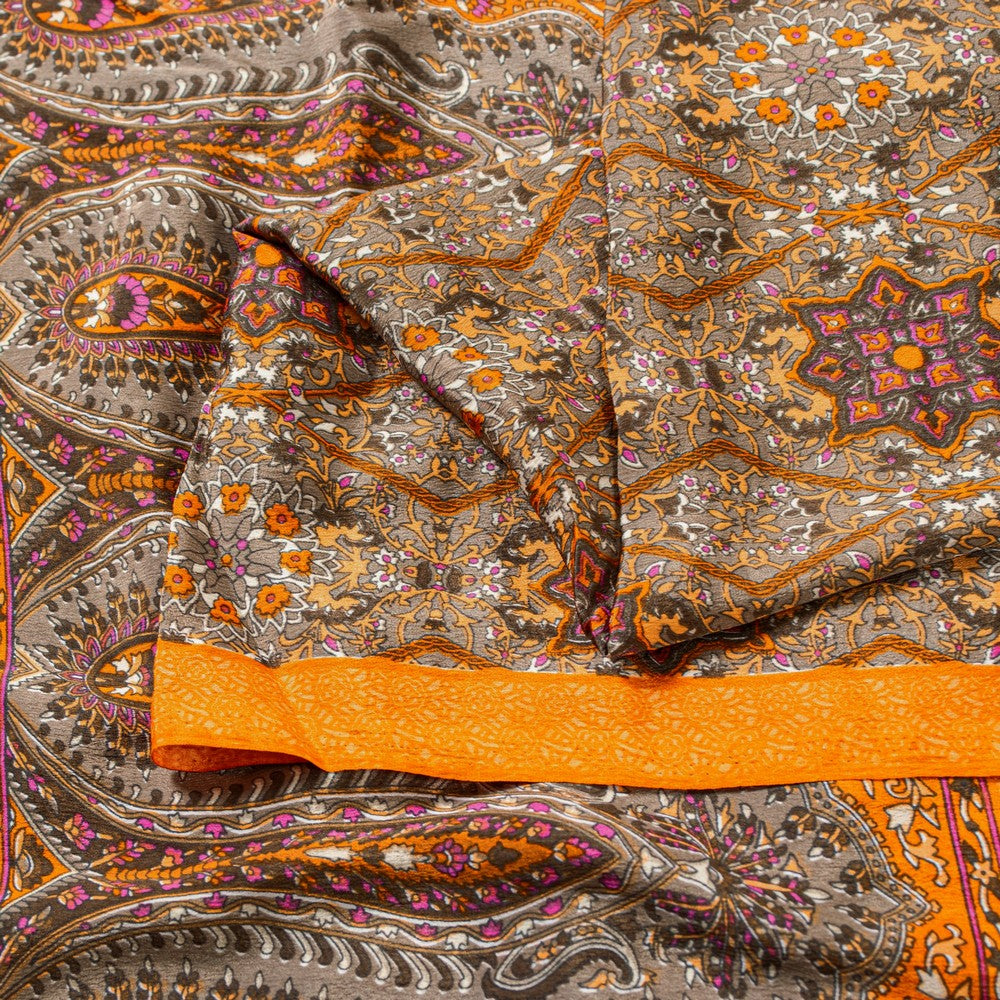 Sanskriti Vintage Sarees Craft Supplies Gray Floral Print 5+YD Moss Crepe Sari